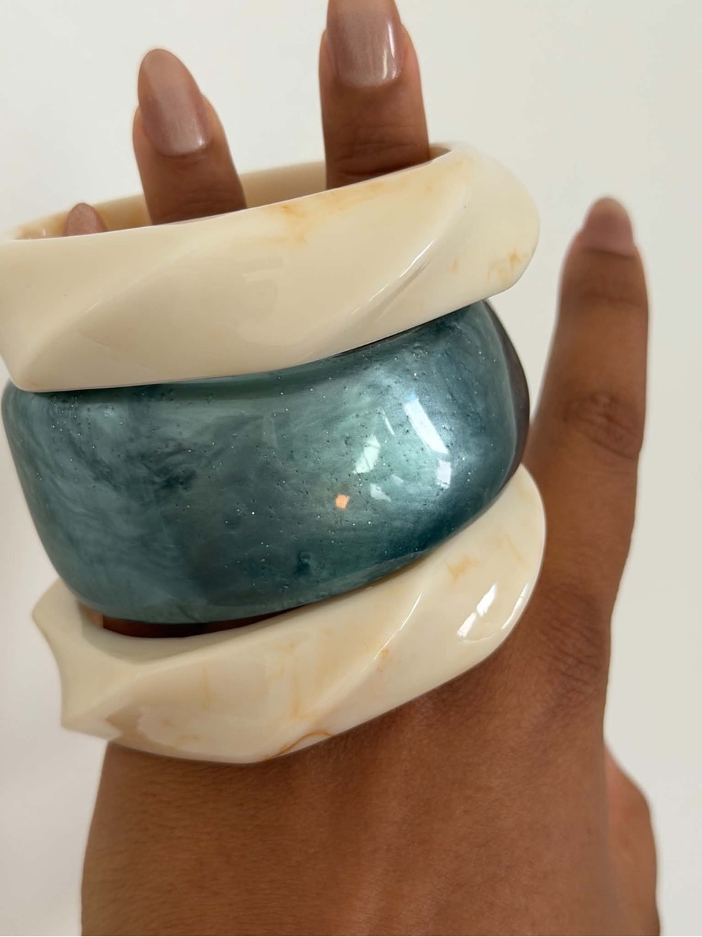 Chunky Resin Bangle Bracelet in Teal and Cream